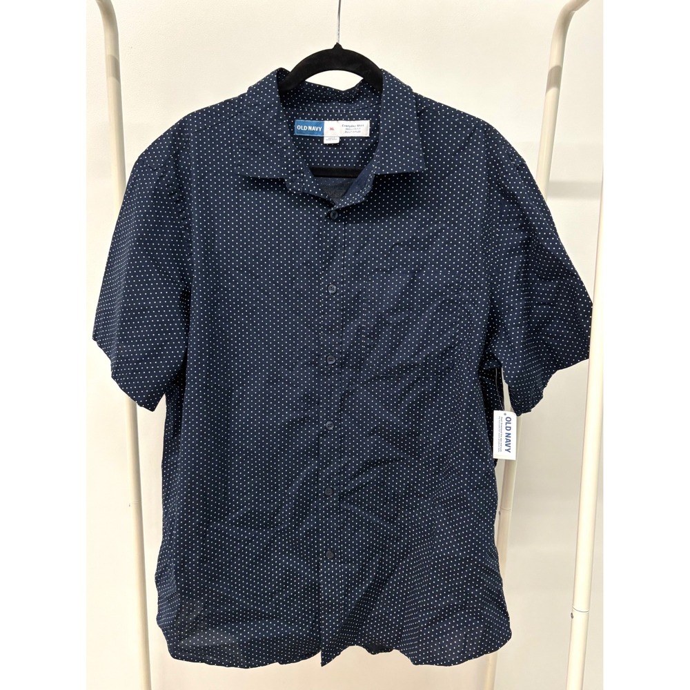 Old Navy Mens XL Everyday Shirt Navy Blue Polka Dot Short Sleeve Built-In Flex